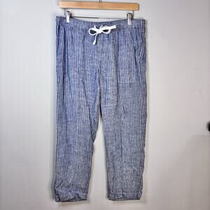 Roots Linen Blue White Striped Cropped Pant Med Railroad Coastal Nautical Resort
